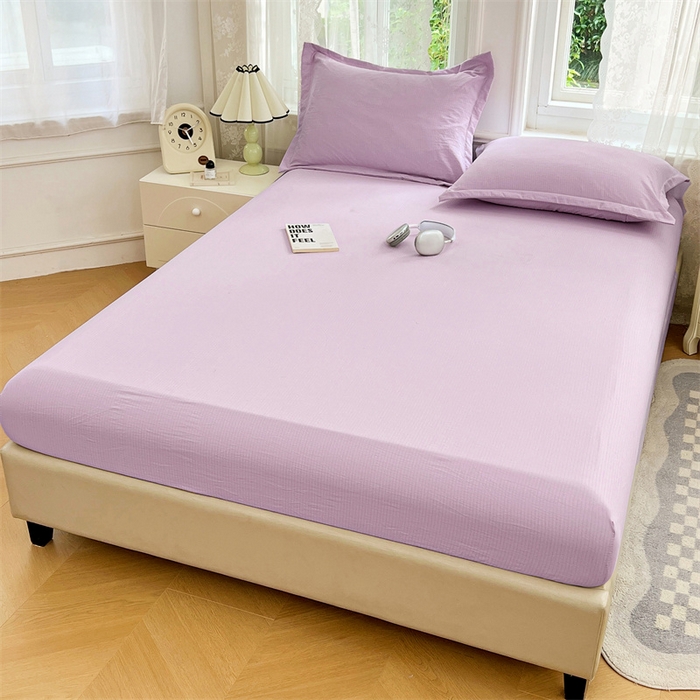 91家纺网 家纺一手货源 找家纺 梦舒羽 2025新款云感双层纱印花床笠宿舍纯色床垫保护套三件套 暮山紫