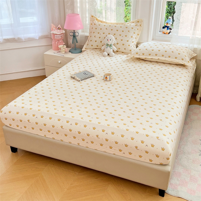 91家纺网 家纺一手货源 找家纺 梦舒羽 2025新款云感双层纱印花床笠宿舍纯色床垫保护套三件套 小皇冠