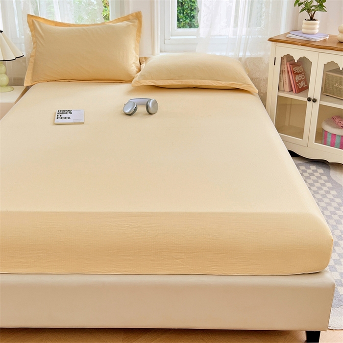 91家纺网 家纺一手货源 找家纺 梦舒羽 2025新款云感双层纱印花床笠宿舍纯色床垫保护套三件套 奶酪黄