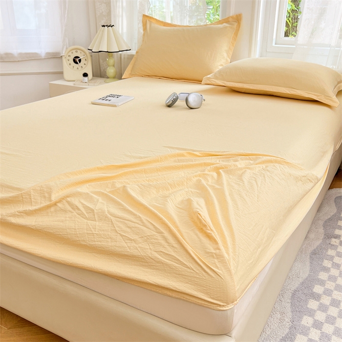 91家纺网 家纺一手货源 找家纺 梦舒羽 2025新款云感双层纱印花床笠宿舍纯色床垫保护套三件套 奶酪黄