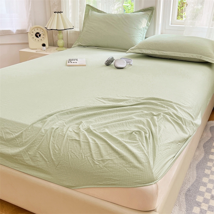 91家纺网 家纺一手货源 找家纺 梦舒羽 2025新款云感双层纱印花床笠宿舍纯色床垫保护套三件套 抹茶绿
