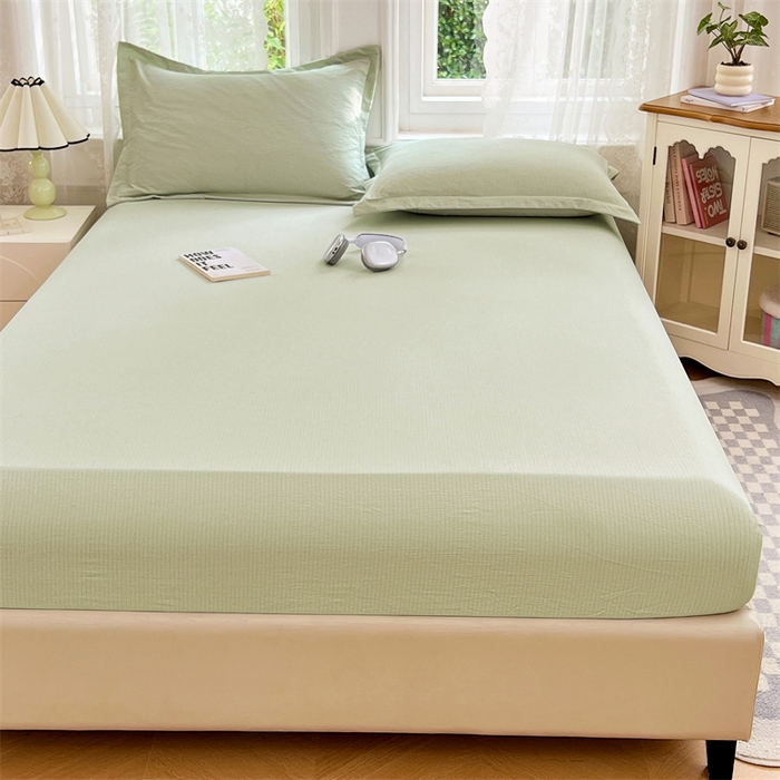 91家纺网 家纺一手货源 找家纺 梦舒羽 2025新款云感双层纱印花床笠宿舍纯色床垫保护套三件套 抹茶绿
