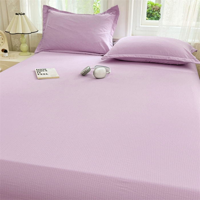 91家纺网 家纺一手货源 找家纺 梦舒羽 2025新款云感双层纱印花床笠宿舍纯色床垫保护套三件套 暮山紫