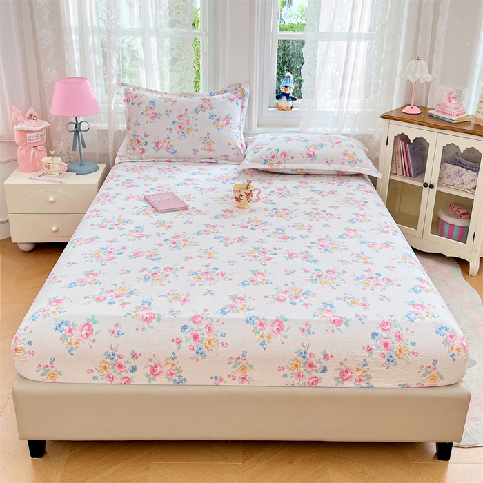 91家纺网 家纺一手货源 找家纺 梦舒羽 2025新款云感双层纱印花床笠宿舍纯色床垫保护套三件套 朝花夕拾