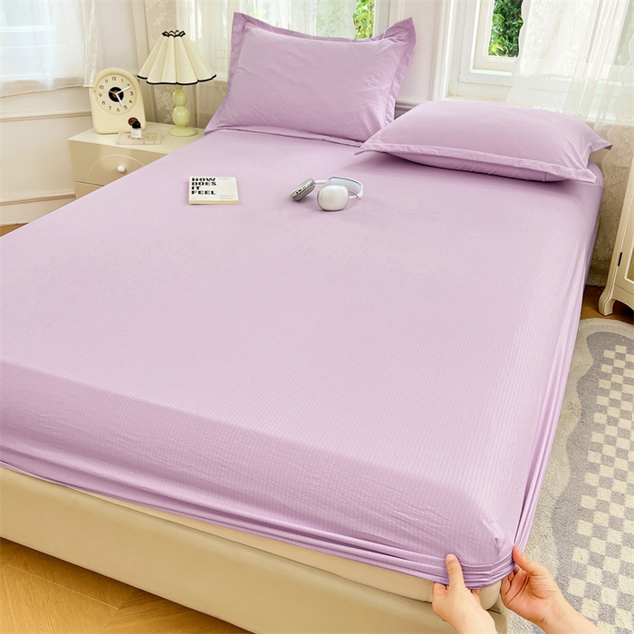 91家纺网 家纺一手货源 找家纺 梦舒羽 2025新款云感双层纱印花床笠宿舍纯色床垫保护套三件套 暮山紫