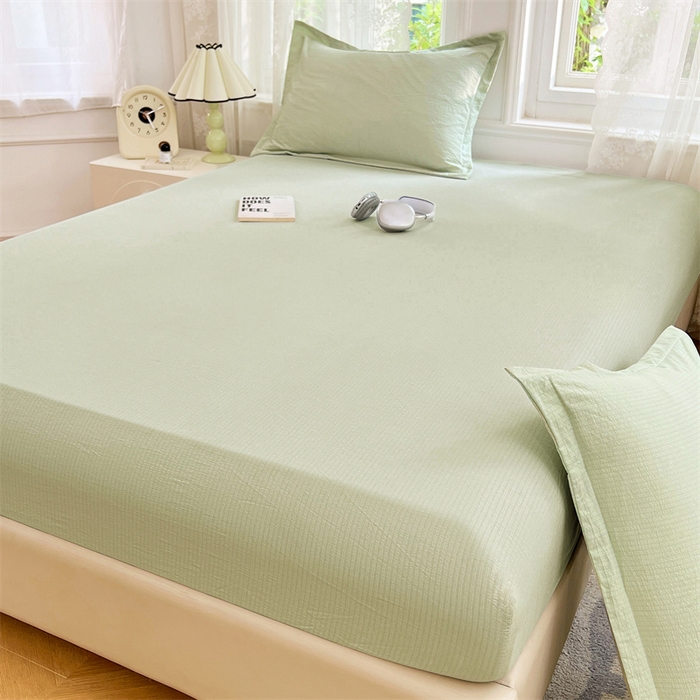 91家纺网 家纺一手货源 找家纺 梦舒羽 2025新款云感双层纱印花床笠宿舍纯色床垫保护套三件套 抹茶绿