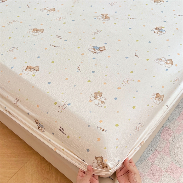 梦舒羽 2025新款云感双层纱印花床笠宿舍纯色床垫保护套三件套 假日小熊