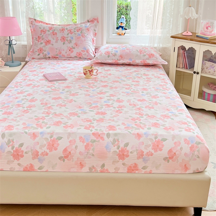 91家纺网 家纺一手货源 找家纺 梦舒羽 2025新款云感双层纱印花床笠宿舍纯色床垫保护套三件套 倾城之恋