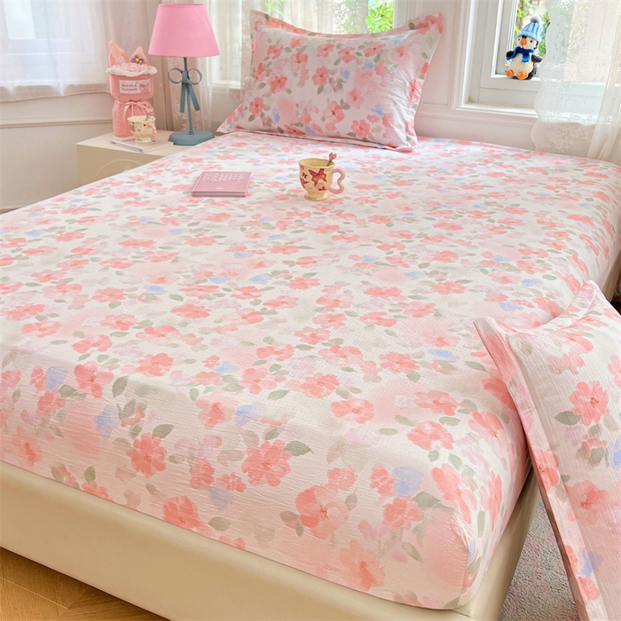 91家纺网 家纺一手货源 找家纺 梦舒羽 2025新款云感双层纱印花床笠宿舍纯色床垫保护套三件套 倾城之恋