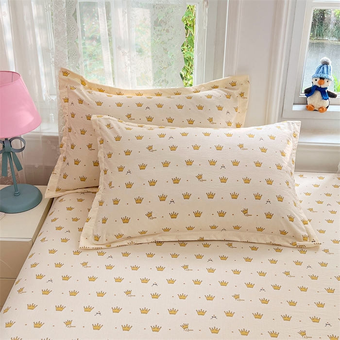 91家纺网 家纺一手货源 找家纺 梦舒羽 2025新款云感双层纱印花床笠宿舍纯色床垫保护套三件套 小皇冠