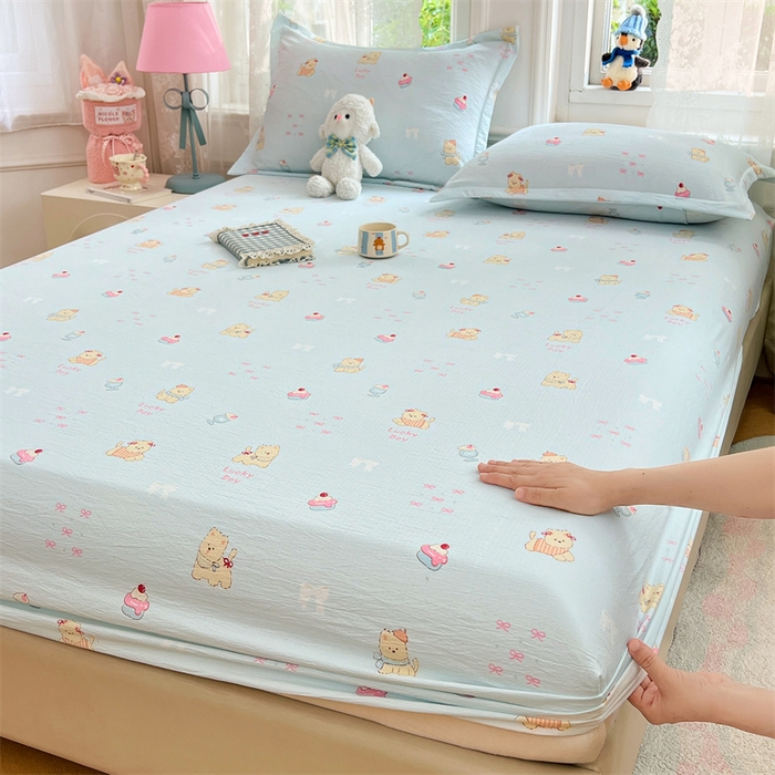 91家纺网 家纺一手货源 找家纺 梦舒羽 2025新款云感双层纱印花床笠宿舍纯色床垫保护套三件套 甜心小狗