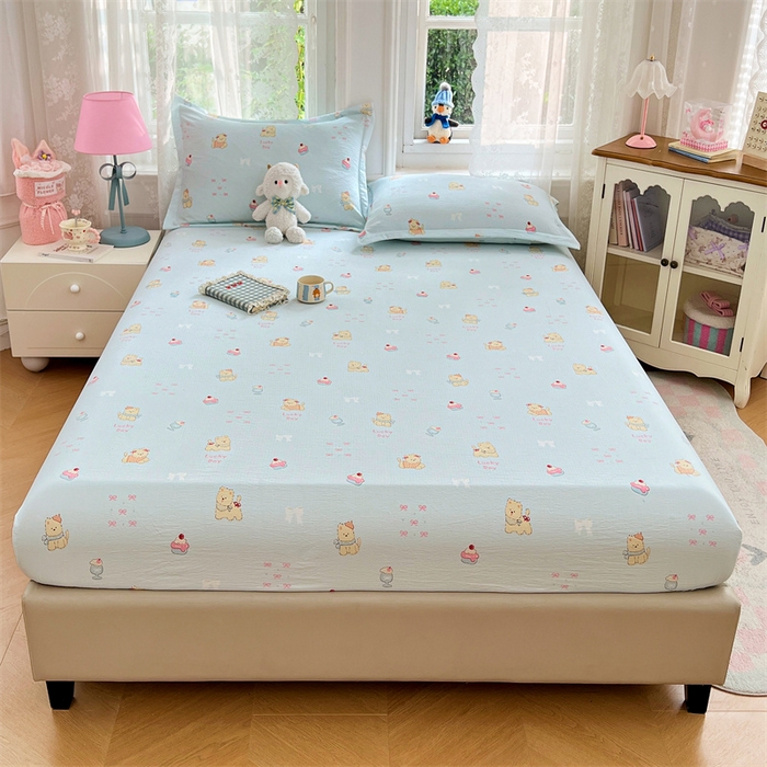 91家纺网 家纺一手货源 找家纺 梦舒羽 2025新款云感双层纱印花床笠宿舍纯色床垫保护套三件套 甜心小狗