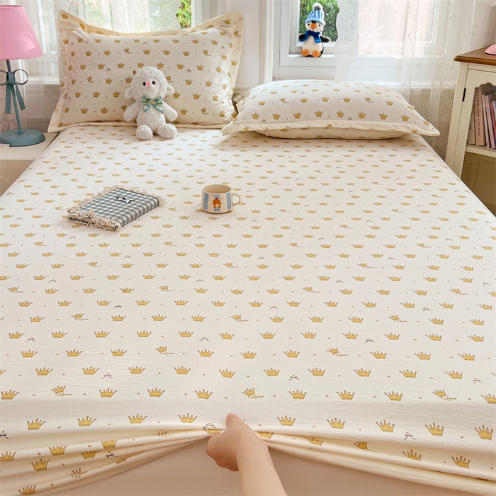 91家纺网 家纺一手货源 找家纺 梦舒羽 2025新款云感双层纱印花床笠宿舍纯色床垫保护套三件套 小皇冠