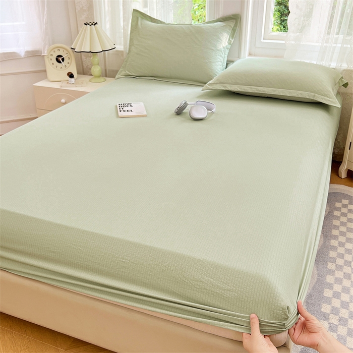 91家纺网 家纺一手货源 找家纺 梦舒羽 2025新款云感双层纱印花床笠宿舍纯色床垫保护套三件套 抹茶绿