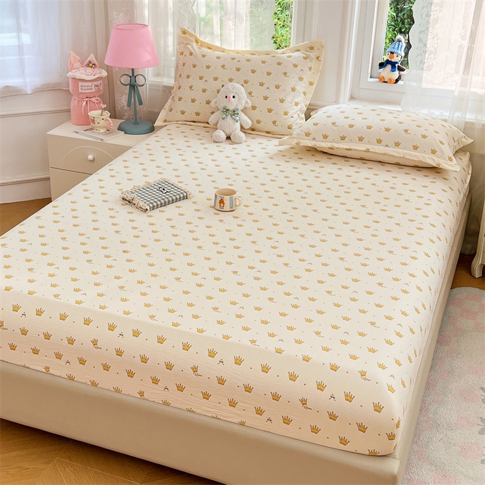 91家纺网 家纺一手货源 找家纺 梦舒羽 2025新款云感双层纱印花床笠宿舍纯色床垫保护套三件套 小皇冠