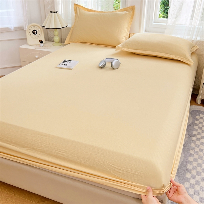 91家纺网 家纺一手货源 找家纺 梦舒羽 2025新款云感双层纱印花床笠宿舍纯色床垫保护套三件套 奶酪黄