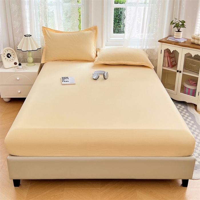 91家纺网 家纺一手货源 找家纺 梦舒羽 2025新款云感双层纱印花床笠宿舍纯色床垫保护套三件套 奶酪黄