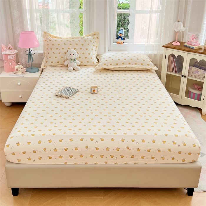 91家纺网 家纺一手货源 找家纺 梦舒羽 2025新款云感双层纱印花床笠宿舍纯色床垫保护套三件套 小皇冠