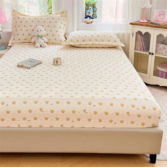 91家纺网 家纺一手货源 找家纺 梦舒羽 2025新款云感双层纱印花床笠宿舍纯色床垫保护套三件套 小皇冠