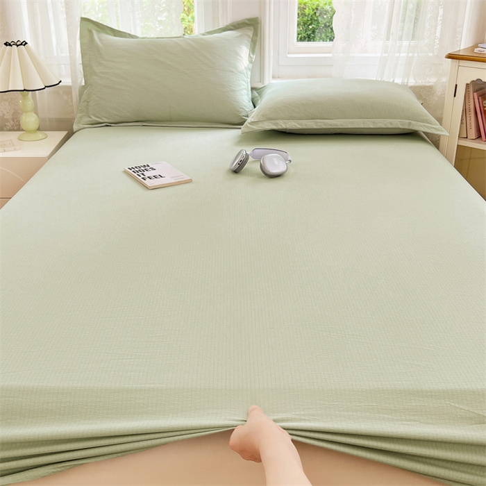 91家纺网 家纺一手货源 找家纺 梦舒羽 2025新款云感双层纱印花床笠宿舍纯色床垫保护套三件套 抹茶绿