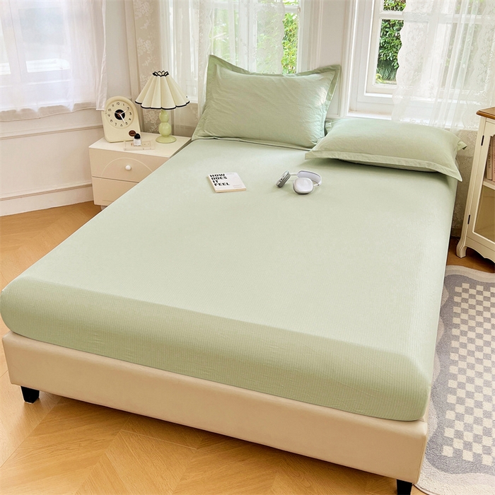 91家纺网 家纺一手货源 找家纺 梦舒羽 2025新款云感双层纱印花床笠宿舍纯色床垫保护套三件套 抹茶绿