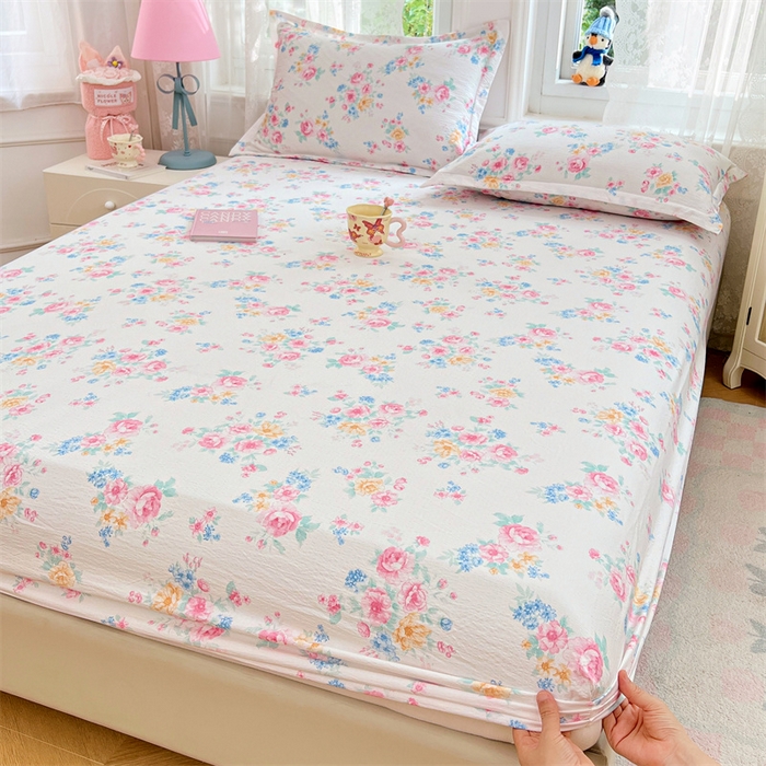 91家纺网 家纺一手货源 找家纺 梦舒羽 2025新款云感双层纱印花床笠宿舍纯色床垫保护套三件套 朝花夕拾