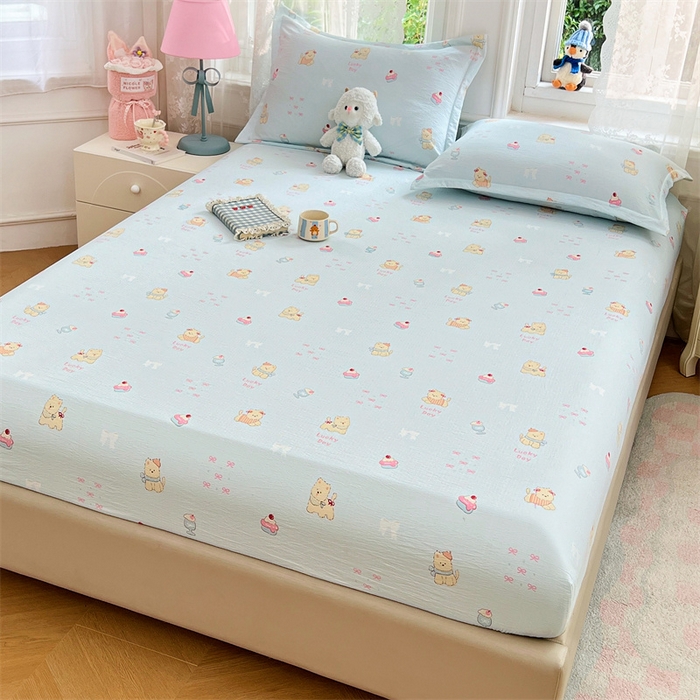 91家纺网 家纺一手货源 找家纺 梦舒羽 2025新款云感双层纱印花床笠宿舍纯色床垫保护套三件套 甜心小狗