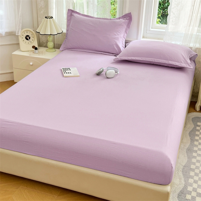 91家纺网 家纺一手货源 找家纺 梦舒羽 2025新款云感双层纱印花床笠宿舍纯色床垫保护套三件套 暮山紫