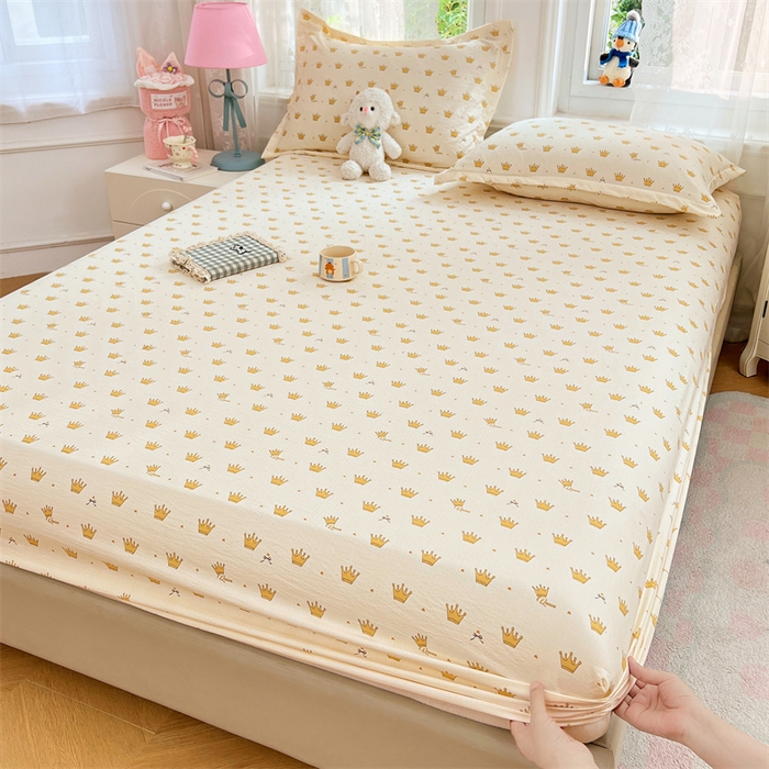 91家纺网 家纺一手货源 找家纺 梦舒羽 2025新款云感双层纱印花床笠宿舍纯色床垫保护套三件套 小皇冠