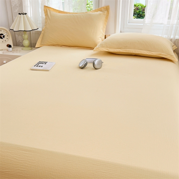91家纺网 家纺一手货源 找家纺 梦舒羽 2025新款云感双层纱印花床笠宿舍纯色床垫保护套三件套 奶酪黄