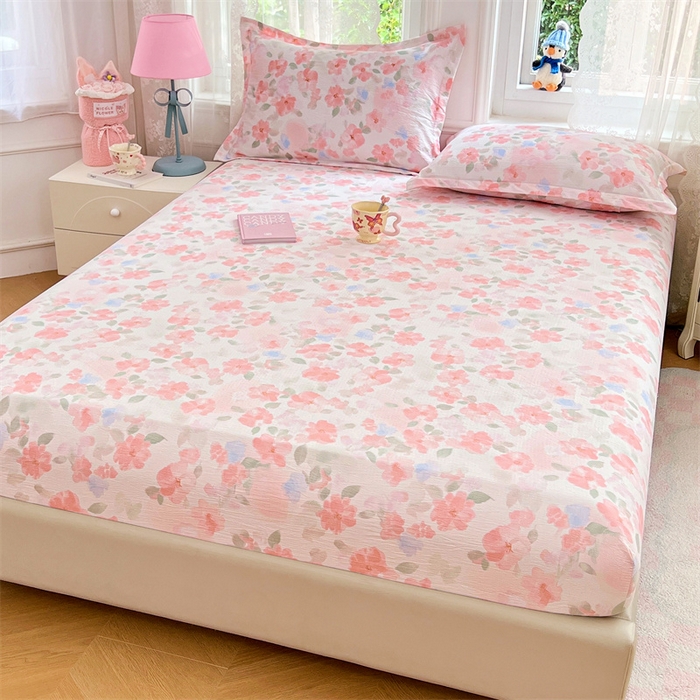 91家纺网 家纺一手货源 找家纺 梦舒羽 2025新款云感双层纱印花床笠宿舍纯色床垫保护套三件套 倾城之恋