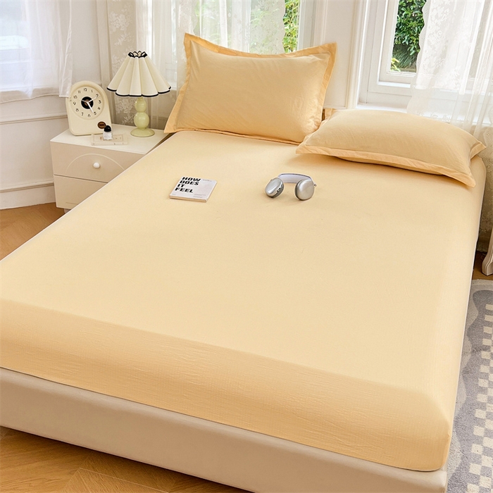 91家纺网 家纺一手货源 找家纺 梦舒羽 2025新款云感双层纱印花床笠宿舍纯色床垫保护套三件套 奶酪黄