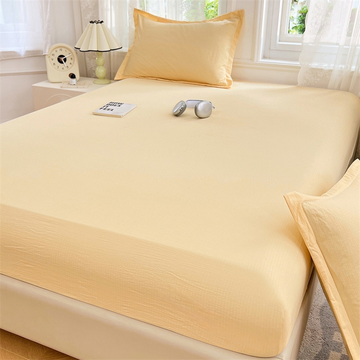 91家纺网 家纺一手货源 找家纺 梦舒羽 2025新款云感双层纱印花床笠宿舍纯色床垫保护套三件套 奶酪黄