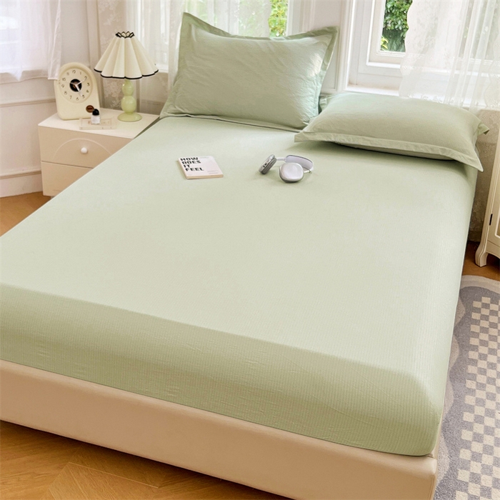 91家纺网 家纺一手货源 找家纺 梦舒羽 2025新款云感双层纱印花床笠宿舍纯色床垫保护套三件套 抹茶绿