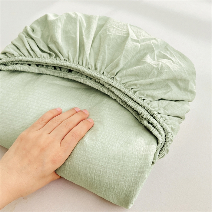 91家纺网 家纺一手货源 找家纺 梦舒羽 2025新款云感双层纱印花床笠宿舍纯色床垫保护套三件套 抹茶绿
