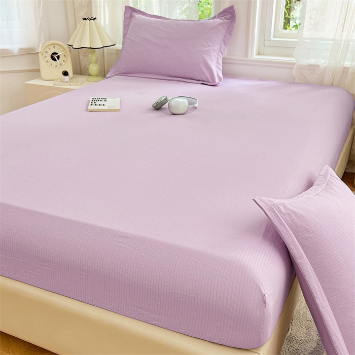 91家纺网 家纺一手货源 找家纺 梦舒羽 2025新款云感双层纱印花床笠宿舍纯色床垫保护套三件套 暮山紫