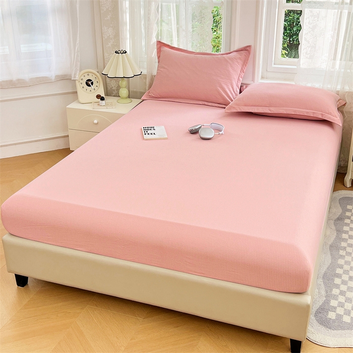 91家纺网 家纺一手货源 找家纺 梦舒羽 2025新款云感双层纱印花床笠宿舍纯色床垫保护套三件套 告白粉