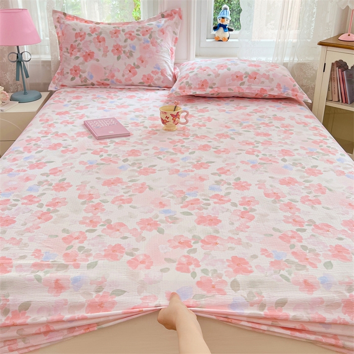 91家纺网 家纺一手货源 找家纺 梦舒羽 2025新款云感双层纱印花床笠宿舍纯色床垫保护套三件套 倾城之恋