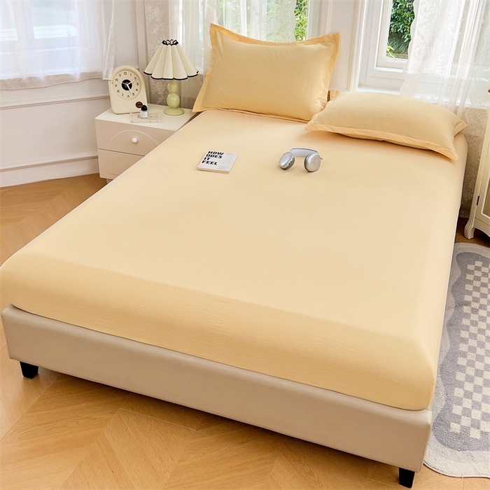 91家纺网 家纺一手货源 找家纺 梦舒羽 2025新款云感双层纱印花床笠宿舍纯色床垫保护套三件套 奶酪黄