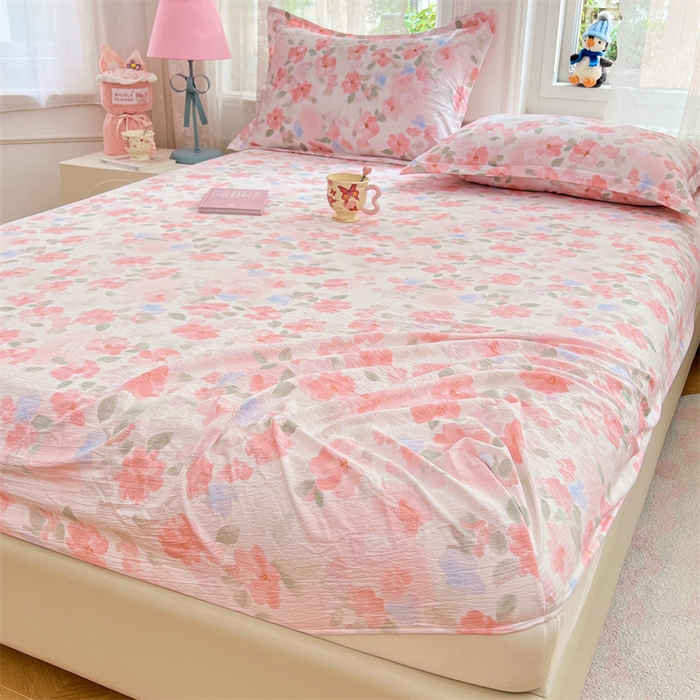 91家纺网 家纺一手货源 找家纺 梦舒羽 2025新款云感双层纱印花床笠宿舍纯色床垫保护套三件套 倾城之恋