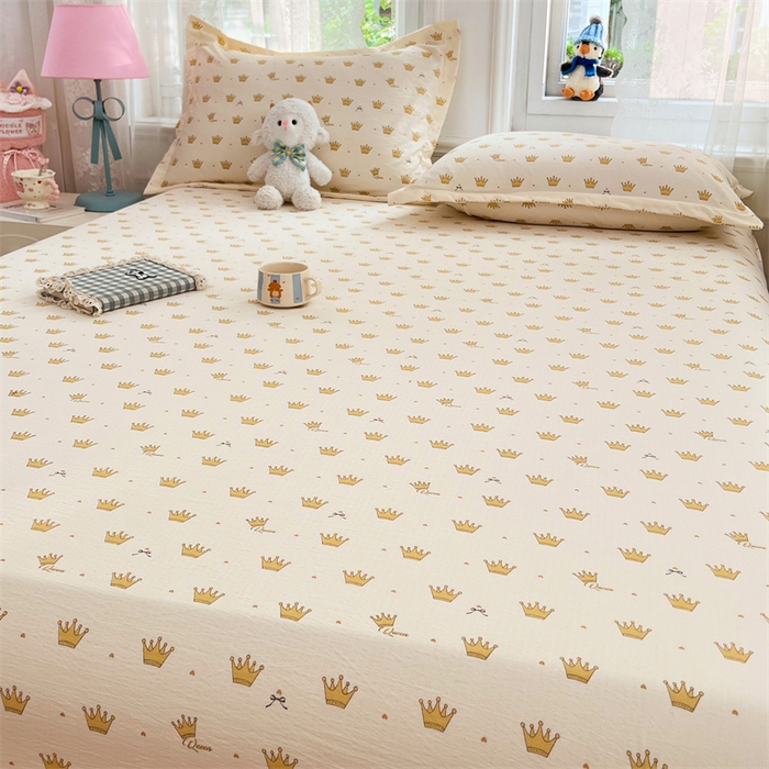 91家纺网 家纺一手货源 找家纺 梦舒羽 2025新款云感双层纱印花床笠宿舍纯色床垫保护套三件套 小皇冠