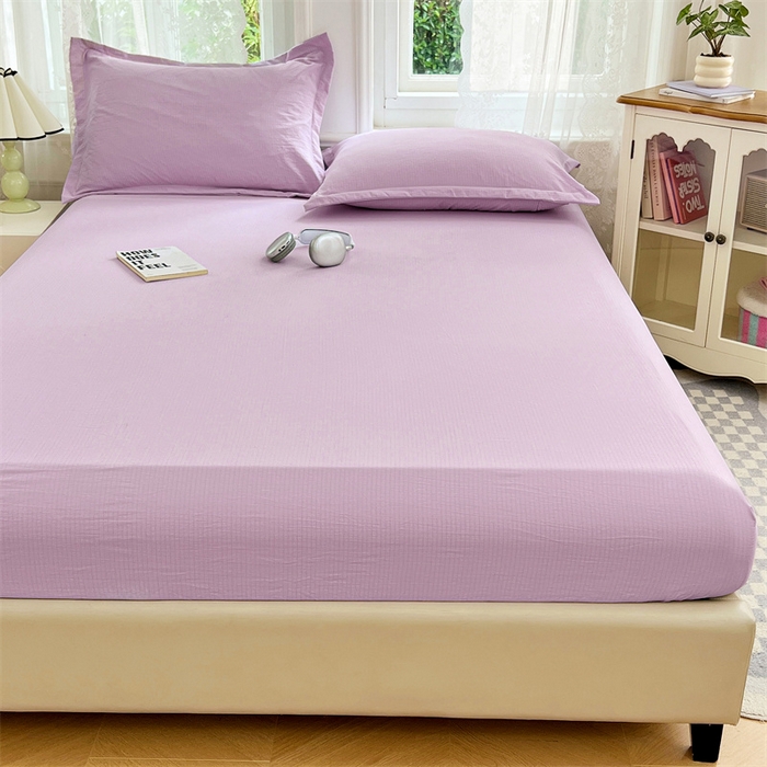 91家纺网 家纺一手货源 找家纺 梦舒羽 2025新款云感双层纱印花床笠宿舍纯色床垫保护套三件套 暮山紫