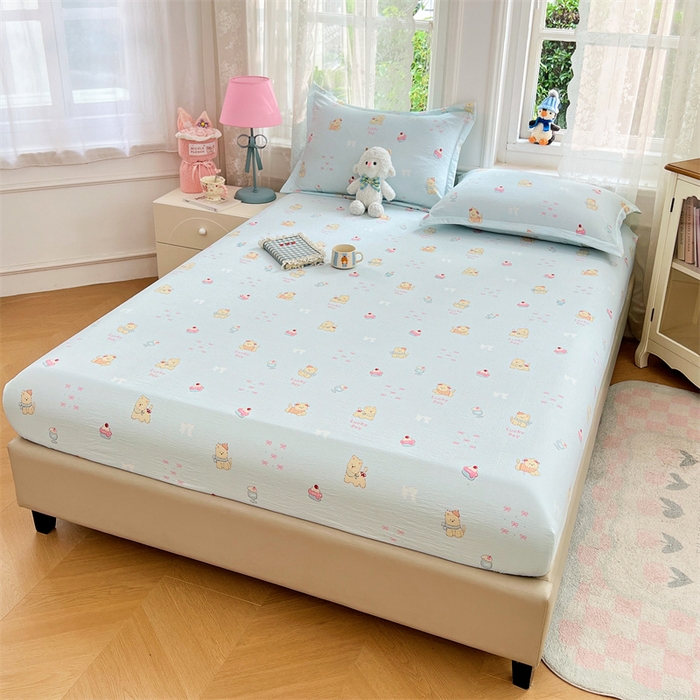 91家纺网 家纺一手货源 找家纺 梦舒羽 2025新款云感双层纱印花床笠宿舍纯色床垫保护套三件套 甜心小狗