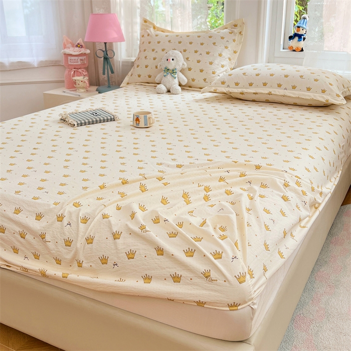 91家纺网 家纺一手货源 找家纺 梦舒羽 2025新款云感双层纱印花床笠宿舍纯色床垫保护套三件套 小皇冠