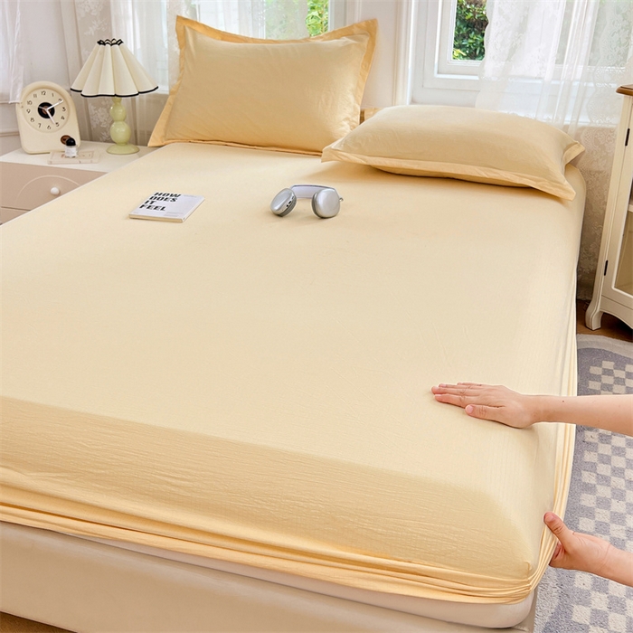 91家纺网 家纺一手货源 找家纺 梦舒羽 2025新款云感双层纱印花床笠宿舍纯色床垫保护套三件套 奶酪黄