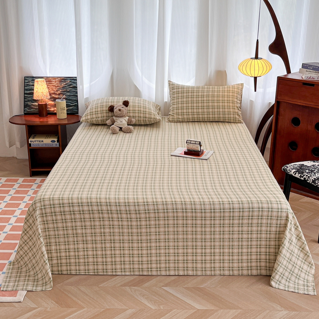 91家纺网 家纺一手货源 找家纺 韩巢家纺 2025新款双层纱格子复古风床单人学生宿舍单床单 床单单件 松野