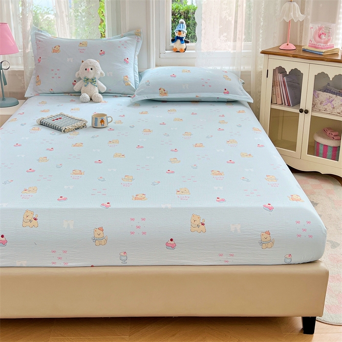 91家纺网 家纺一手货源 找家纺 梦舒羽 2025新款云感双层纱印花床笠宿舍纯色床垫保护套三件套 甜心小狗