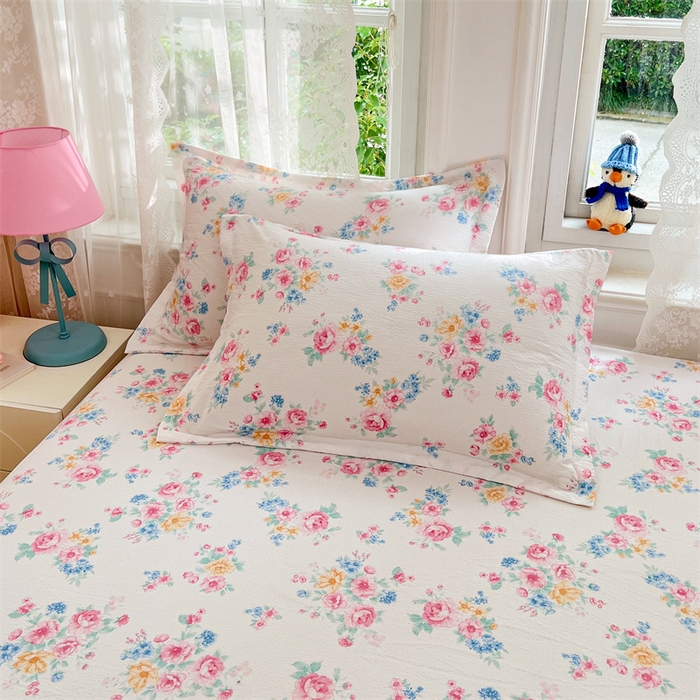 91家纺网 家纺一手货源 找家纺 梦舒羽 2025新款云感双层纱印花床笠宿舍纯色床垫保护套三件套 朝花夕拾