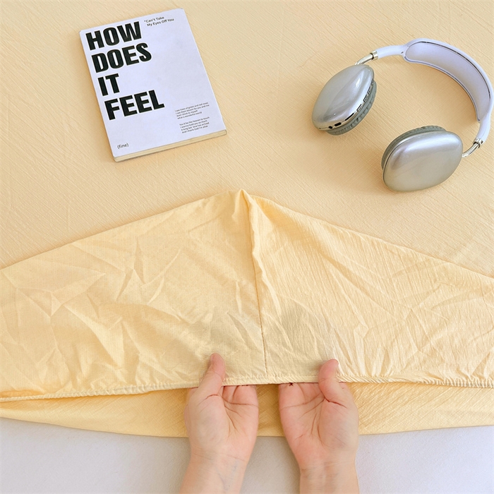 91家纺网 家纺一手货源 找家纺 梦舒羽 2025新款云感双层纱印花床笠宿舍纯色床垫保护套三件套 奶酪黄