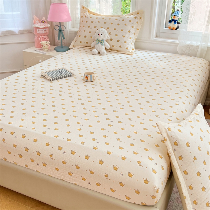 91家纺网 家纺一手货源 找家纺 梦舒羽 2025新款云感双层纱印花床笠宿舍纯色床垫保护套三件套 小皇冠